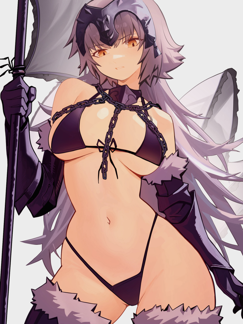 1girl bare_shoulders chain commentary commission cowboy_shot detached_sleeves distr fate/grand_order fate_(series) flag fur_trim grey_background grey_hair groin highres holding holding_flag jeanne_d'arc_alter_(fate) long_hair looking_at_viewer navel parted_lips solo standing stomach very_long_hair yellow_eyes