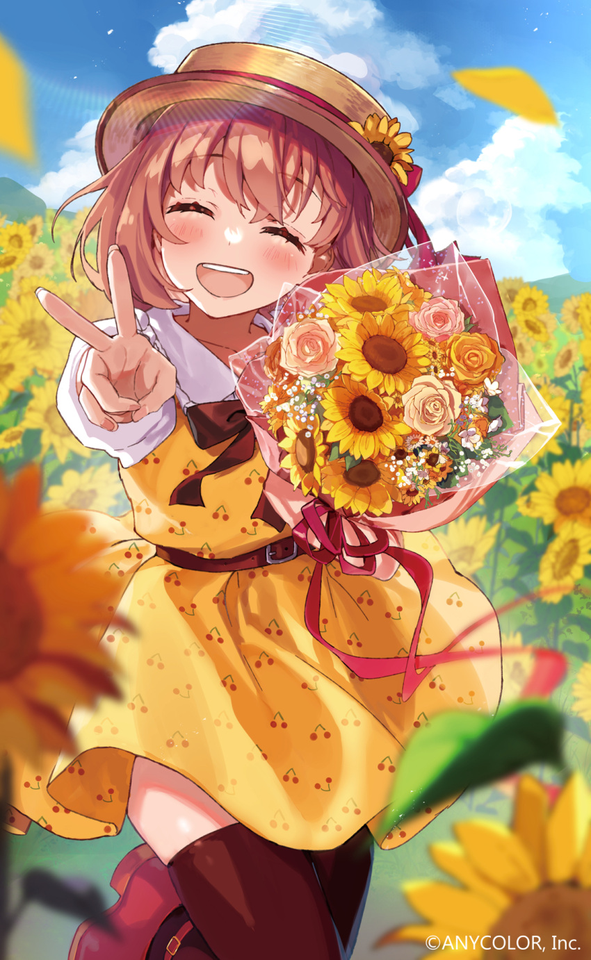 1girl :d ^_^ belt black_thighhighs blush bouquet bow brown_hair brown_headwear cherry_print closed_eyes cloud collar collarbone copyright_name day dress field flower food_print hat highres holding holding_bouquet honma_himawari honma_himawari_(6th_costume) leaf nijisanji official_alternate_costume official_art red_belt red_bow red_footwear rose sky smile sunflower teeth thighhighs v virtual_youtuber white_flower yellow_dress yellow_flower yumesaki_nana