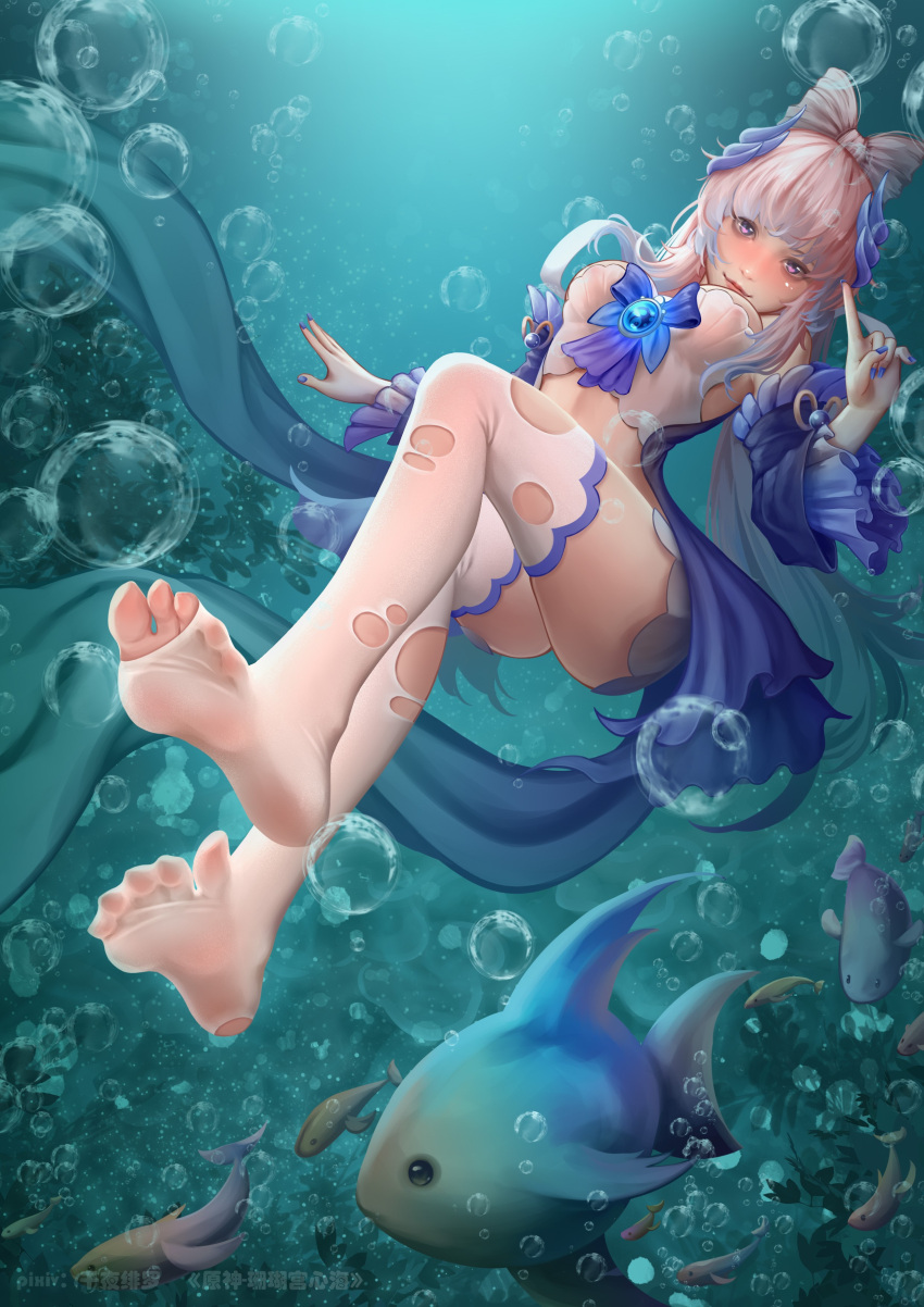 1girl absurdres air_bubble aqua_background artist_name blue_bow blue_horns blue_nails bow bow-shaped_hair breasts bubble closed_mouth detached_sleeves feet fish frilled_sleeves frills genshin_impact gradient_hair grey_hair hair_ornament highres horns legs long_hair long_sleeves medium_breasts multicolored_hair nail_polish no_shoes pink_hair purple_eyes sangonomiya_kokomi senyahiro sidelocks soles solo thighhighs thighs toes torn_clothes torn_thighhighs underwater white_thighhighs wide_sleeves