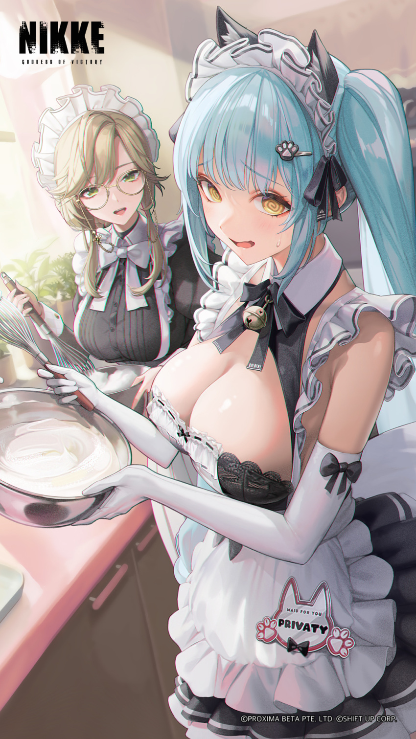 2girls @_@ ade_(nikke) animal_ear_fluff animal_ears apron aqua_hair artist_request black_dress black_ribbon bowl breasts cat_ears copyright_name cropped curtains day dress elbow_gloves english_text frilled_apron frills glasses gloves goddess_of_victory:_nikke green_eyes hair_ornament hairclip highres holding holding_bowl holding_whisk indoors juliet_sleeves long_sleeves mixing_bowl multiple_girls official_art open_mouth parted_bangs privaty_(nikke) privaty_(unkind_maid)_(nikke) puffy_sleeves raised_eyebrows ribbon second-party_source sunlight swept_bangs teeth twintails upper_teeth_only whisk white_apron white_gloves window yellow_eyes