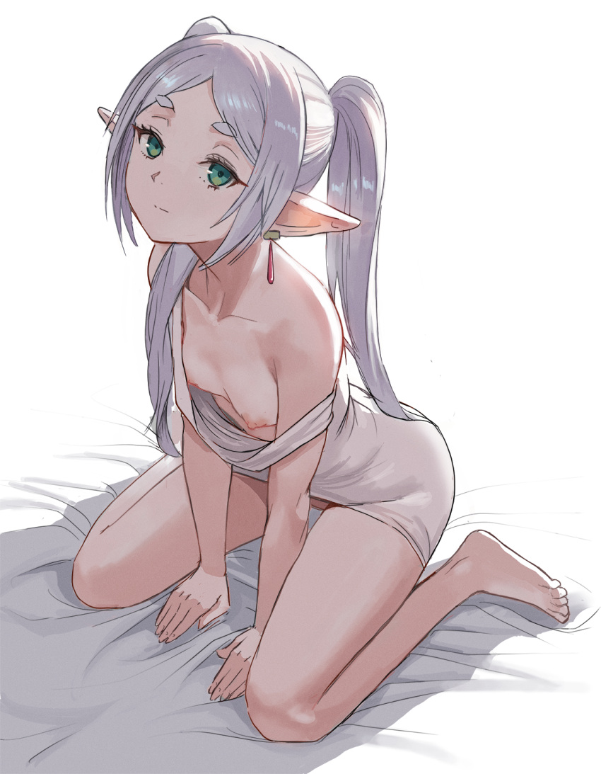 1girl arm_support bare_legs barefoot bed_sheet breasts collarbone drop_earrings earrings elf feet frieren green_eyes grey_hair highres jewelry legs looking_at_viewer nipples parted_bangs petite pointy_ears sitting sleepwear small_breasts solo sousou_no_frieren strap_slip toes twintails wariza zefrableu