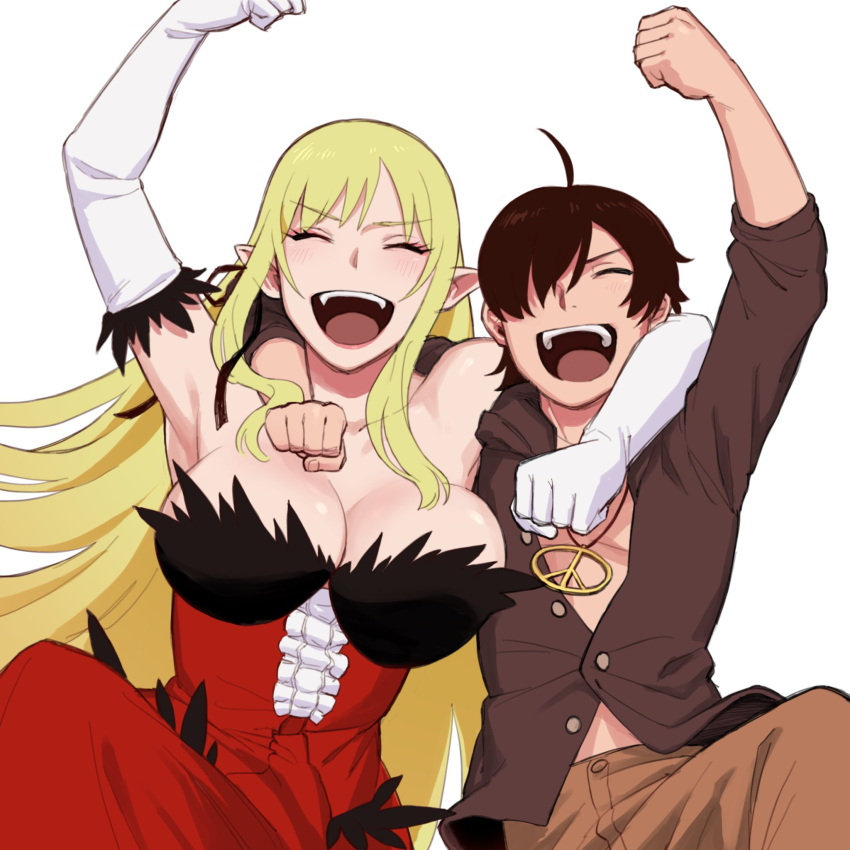 1boy 1girl ^_^ ahoge araragi_koyomi arm_around_shoulder bare_shoulders black_hair black_ribbon blonde_hair breasts brown_pants brown_shirt cleavage closed_eyes dress elbow_gloves fangs gloves hair_over_one_eye hair_ribbon highres jewelry kiss-shot_acerola-orion_heart-under-blade kizumonogatari large_breasts lipstick long_hair makeup monogatari_(series) necklace nishikino_kee open_mouth oshino_shinobu pants partially_unbuttoned peace_symbol pointy_ears red_dress ribbon shirt short_hair smile teeth upper_teeth_only vampire very_long_hair white_background white_gloves