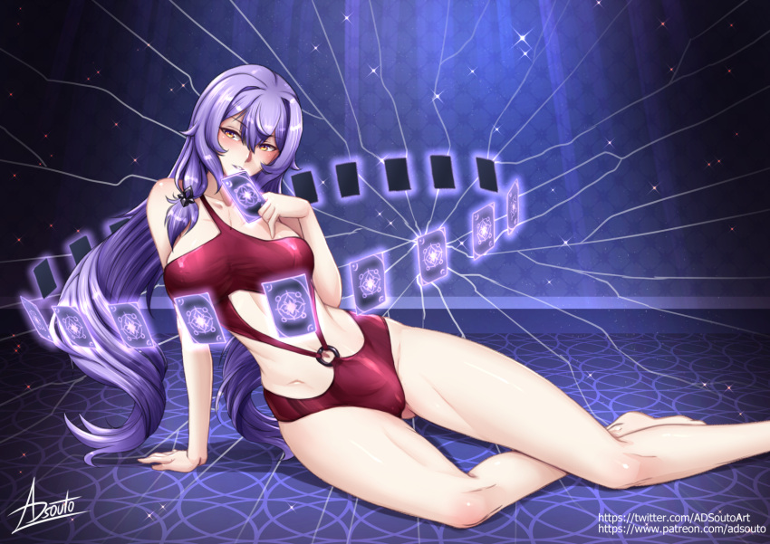 1girl adsouto arm_support barefoot black_swan_(honkai:_star_rail) breasts card collarbone floating_card highres holding holding_card honkai:_star_rail honkai_(series) large_breasts long_hair looking_at_viewer parted_lips purple_hair signature sitting solo swimsuit variant_set very_long_hair yellow_eyes yokozuwari