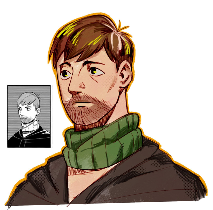 1boy alternate_race beard_stubble chilchuck_tims comic_panel_redraw connected_beard cropped_torso derivative_work dungeon_meshi facial_hair highres looking_ahead male_focus mature_male mikeyyangel0 mustache_stubble scarf short_hair sideburns solo stubble thick_eyebrows