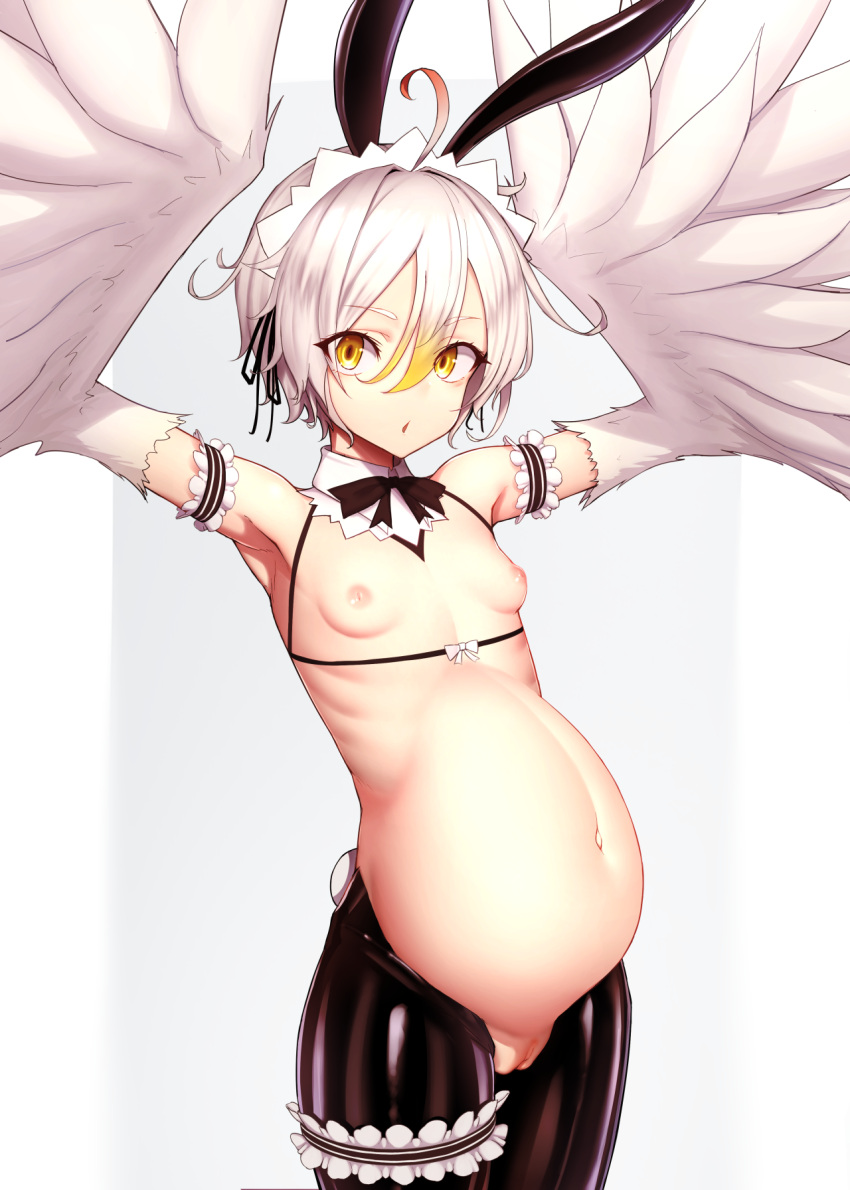 1girl actinium89 ahoge arm_garter armpits arms_up black_necktie breasts commentary_request commission cowboy_shot fake_tail feathers grey_hair hair_between_eyes harpy highres maid_headdress meme_attire monster_girl navel necktie nipples original pregnant pussy reverse_bunnysuit reverse_outfit short_hair skeb_commission small_breasts solo tail white_feathers white_hair white_wings wings yellow_eyes