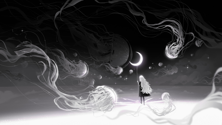 1girl absurdres black_dress crescent_moon dress from_behind full_body highres holding huhv. jellyfish long_hair monochrome moon non-web_source original scenery solo sparkle standing string surreal wavy_hair white_hair