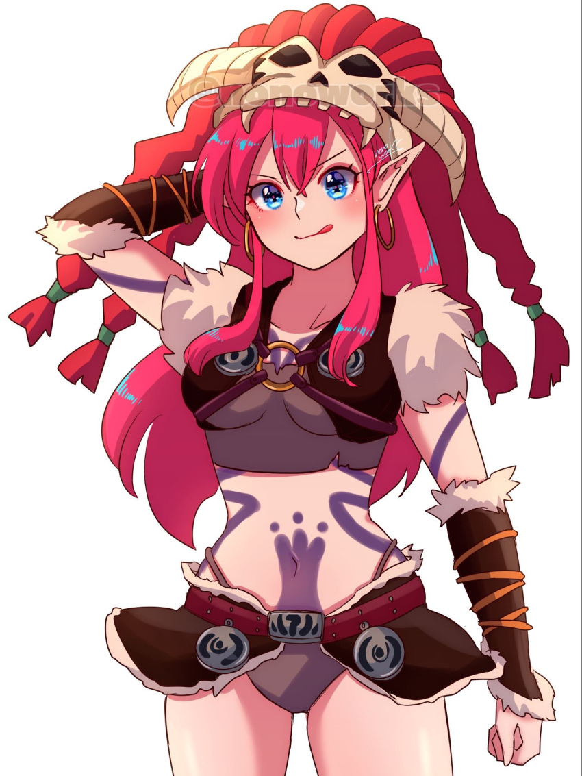 1girl barbarian_set_(zelda) belt blue_eyes breasts earrings fur_trim genderswap genderswap_(mtf) gloves helmet highres hoop_earrings horns jewelry large_breasts link_(shounen_captain) long_hair looking_at_viewer navel nonoworks official_alternate_costume pink_hair pointy_ears sidelocks simple_background skull_on_head solo tattoo the_legend_of_zelda