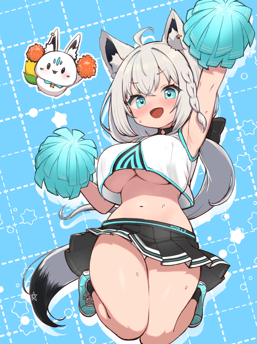 1girl :d ahoge animal_ear_fluff animal_ears arm_up armpits black_skirt blue_background blue_eyes blush braid breasts cheerleader commentary_request fox_ears fox_girl fox_tail highres hololive jumping kani_bonara large_breasts long_hair looking_at_viewer low_ponytail microskirt navel pleated_skirt pom_pom_(cheerleading) shirakami_fubuki side_braid skirt smile solo stomach sukonbu_(shirakami_fubuki) tail underboob virtual_youtuber white_hair