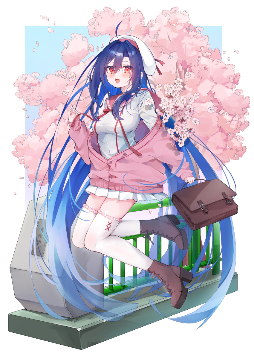 1girl absurdly_long_hair absurdres bag beret blue_hair blush boots breasts brown_bag brown_footwear cherry_blossoms commentary_request eme_(emeralda) full_body hand_up hat high_heel_boots high_heels highres jacket jumping long_hair long_sleeves looking_at_viewer medium_breasts off_shoulder open_mouth original pink_eyes pink_jacket pink_sailor_collar sailor_collar school_bag school_uniform serafuku shirt skirt sleeves_past_wrists smile solo thighhighs very_long_hair white_headwear white_shirt white_skirt white_thighhighs