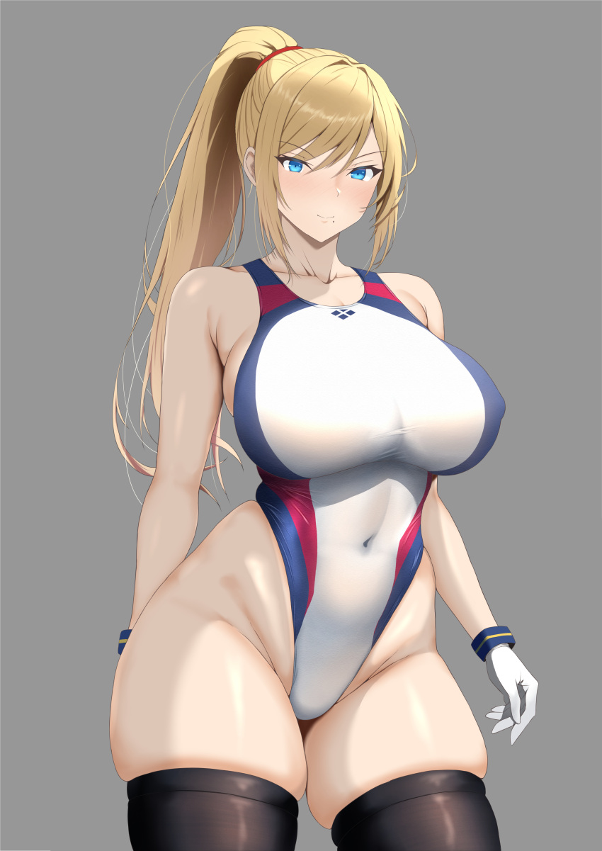 1girl absurdres black_thighhighs blonde_hair blue_eyes blush breasts collarbone competition_swimsuit covered_navel covered_nipples cowboy_shot gloves grey_background highres large_breasts long_hair looking_at_viewer metroid one-piece_swimsuit ponytail ranhatu samus_aran sidelocks simple_background skindentation smile solo standing swimsuit thighhighs white_gloves white_one-piece_swimsuit