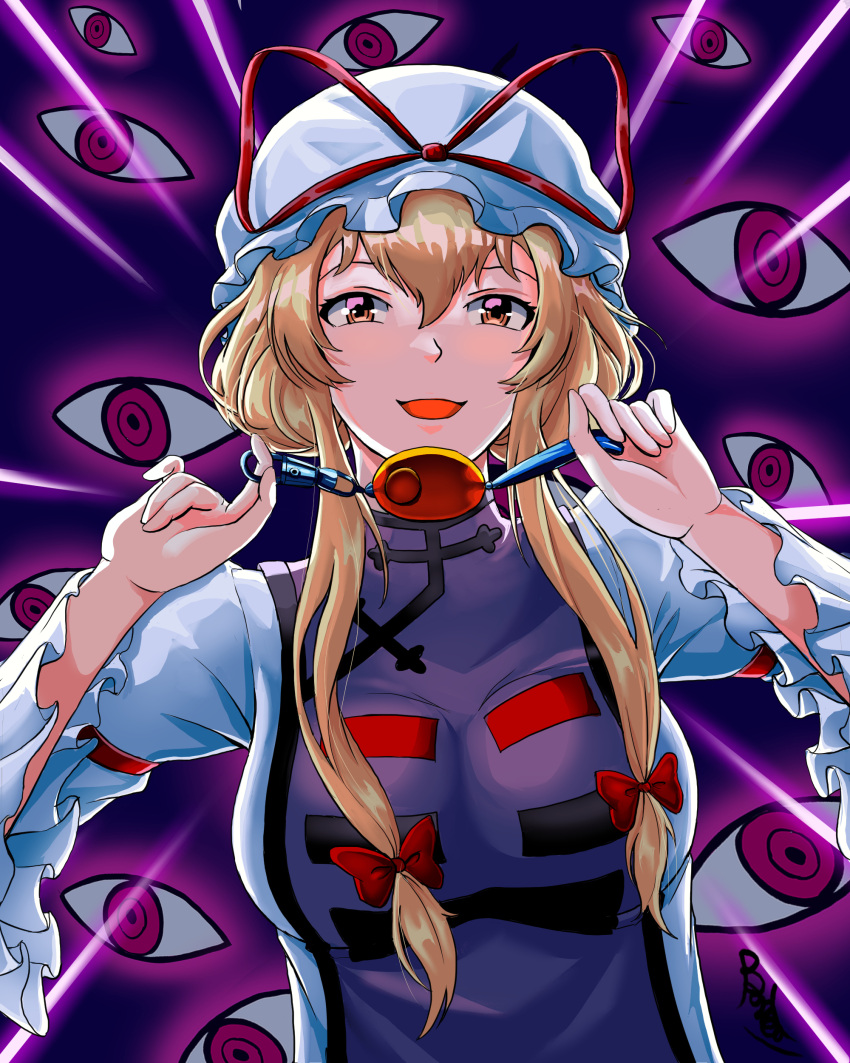 1girl absurdres blonde_hair breasts buhbuhbored crime_prevention_buzzer emphasis_lines highres large_breasts orange_eyes shukusei!!_loli-gami_requiem sidelocks smile solo tabard touhou upper_body wide_sleeves yakumo_yukari