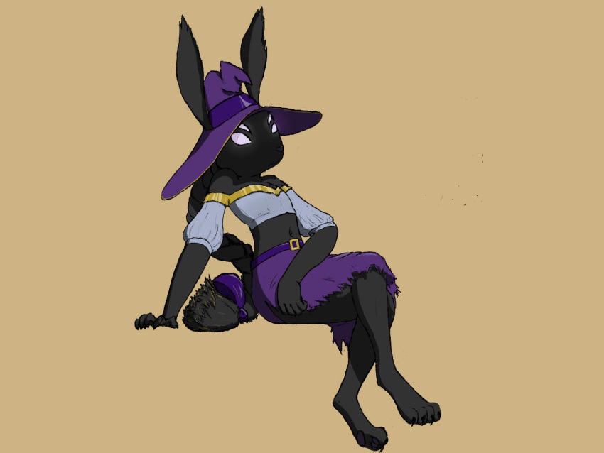 4:3 4_eyes anthro barefoot black_body black_fur bottomwear braided_hair braided_ponytail clothing crop_top dapperwolffe feet female fur glowing glowing_eyes hair hat headgear headwear hi_res lagomorph leporid long_hair magic_user mammal mirabelle_(dapperwolffe) multi_eye ponytail purple_bottomwear purple_clothing purple_hat purple_headwear purple_skirt rabbit shadow_creature shirt shoulderless_shirt skirt solo topwear torn_skirt witch