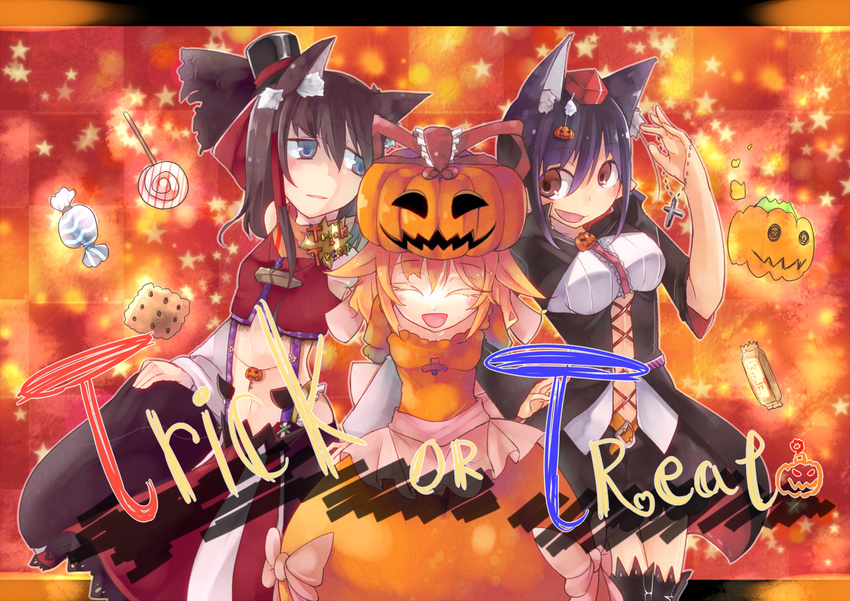 black_hair blonde_hair blue_eyes brown_eyes bubble_skirt candy cookie dress food hakurei_reimu halloween hat jack-o'-lantern kemonomimi_mode lollipop medicine_melancholy mini_hat mini_top_hat mito_(calcomer) multiple_girls orange_dress pumpkin pumpkin_hat ribbon shameimaru_aya short_hair skirt swirl_lollipop thighhighs top_hat touhou trick_or_treat