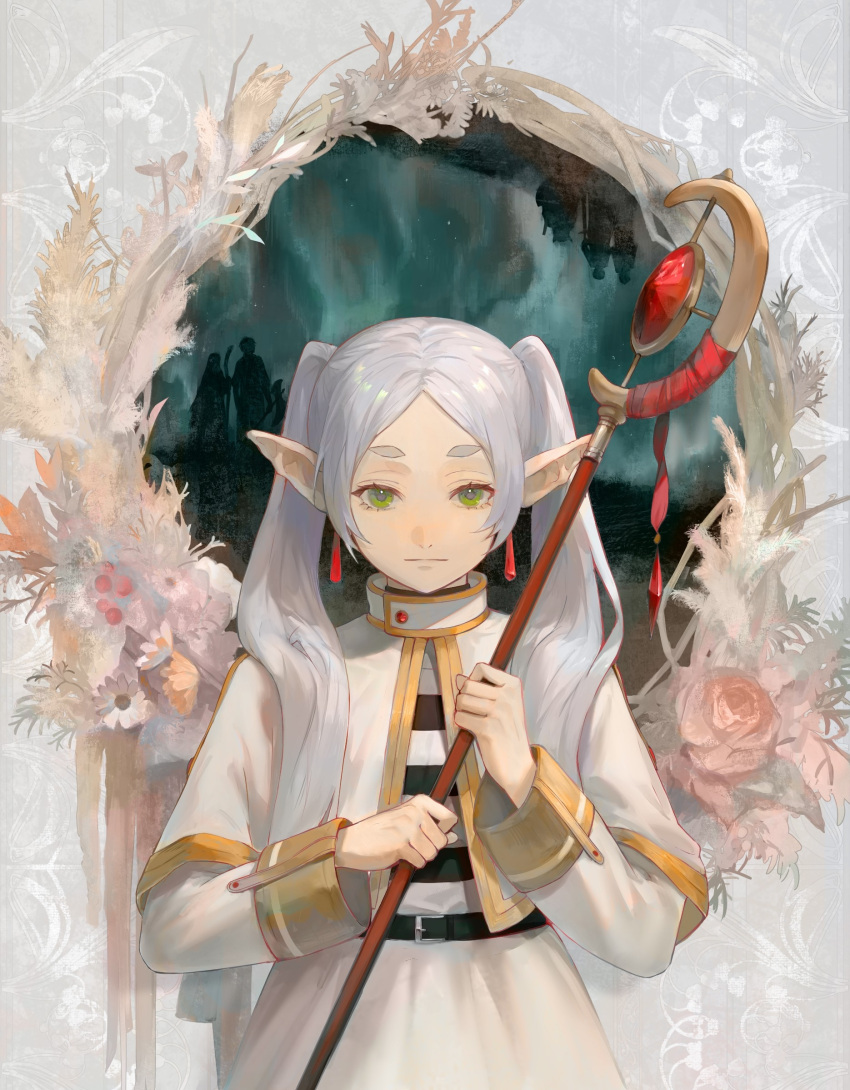 1girl belt black_belt capelet closed_mouth dangle_earrings drop_earrings earrings elf expressionless frieren green_eyes grey_hair highres holding holding_staff jewelry long_hair looking_at_viewer mage_staff pointy_ears shirt skirt solo sousou_no_frieren staff striped_clothes striped_shirt white_capelet white_skirt yoruirooo777