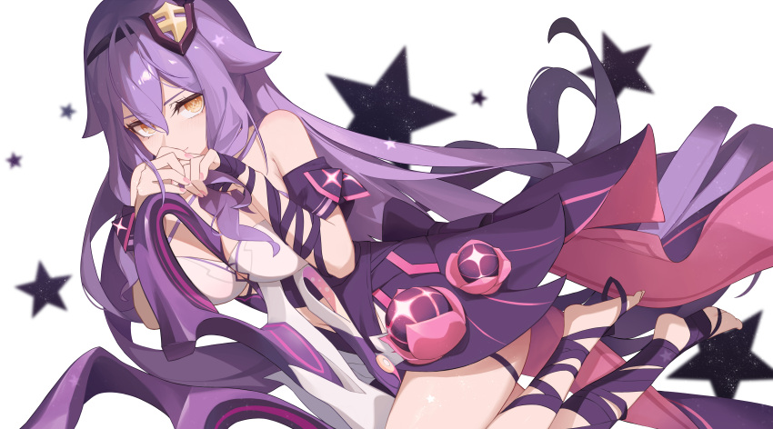 1girl absurdres bare_shoulders breasts chinese_commentary cleavage closed_mouth dress hair_between_eyes hair_flaps hair_ornament highres honkai_(series) honkai_impact_3rd ling_kongling long_hair looking_at_viewer medium_breasts purple_dress purple_hair purple_nails purple_ribbon ribbon sidelocks simple_background sirin sirin_(miracle_magical_girl) smile solo star_(symbol) very_long_hair white_background yellow_eyes