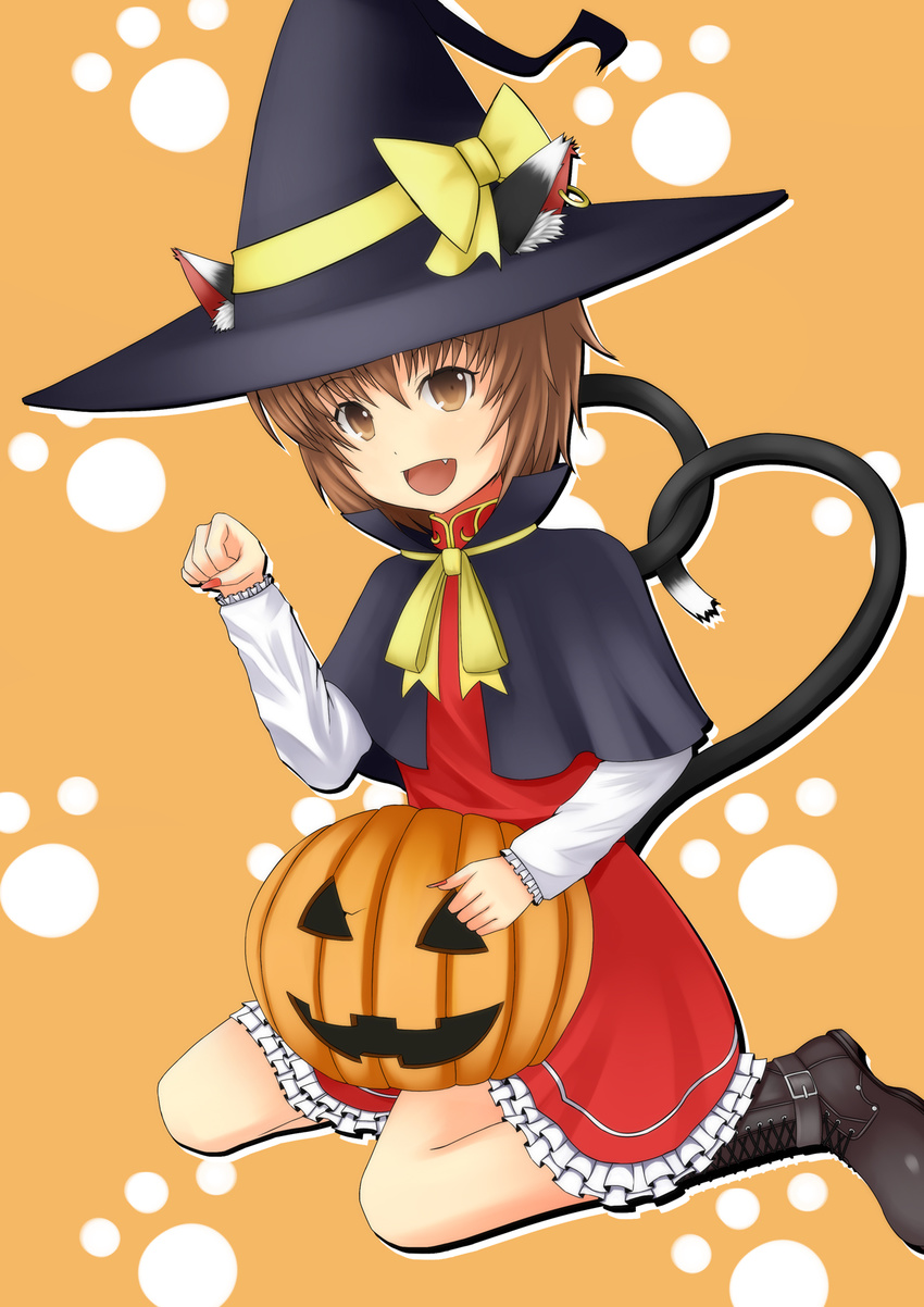 animal_ears bitan boots brown_eyes brown_hair cat_ears cat_tail chen earrings ears_through_headwear fang halloween hat heart heart_tail highres jack-o'-lantern jewelry multiple_tails paw_pose pumpkin short_hair solo tail touhou wings witch_hat