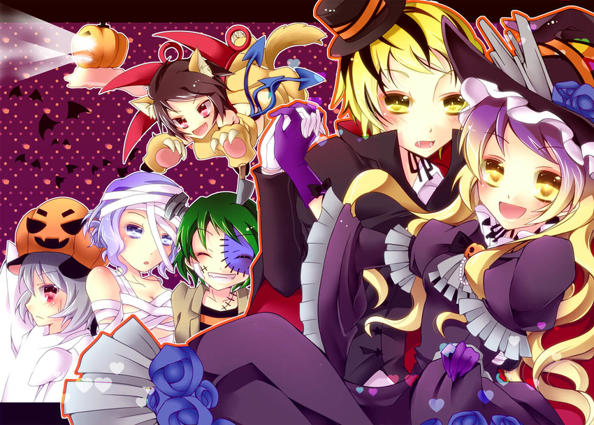 :d ^_^ bad_id bad_pixiv_id bandages blonde_hair blush cape claws closed_eyes everyone frills gloves gradient_hair green_hair halloween hijiri_byakuren houjuu_nue kaza kumoi_ichirin long_hair looking_at_viewer multicolored_hair multiple_girls murasa_minamitsu nazrin open_mouth pumpkin purple_hair short_hair smile toramaru_shou touhou undefined_fantastic_object unzan very_long_hair yellow_eyes youkai