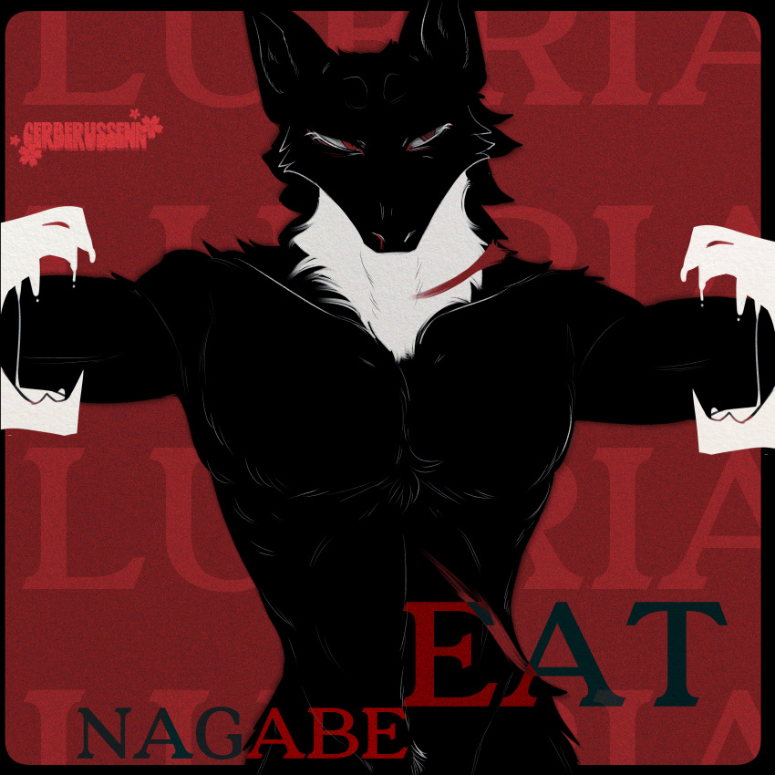 absurd_res anthro black_body black_fur blood bodily_fluids canid canine canis cerberussenn fur hi_res huge_filesize lufria_(mucknagabe) male mammal nosebleed red_background red_eyes scar signature simple_background slim solo spiral_eyes spread_arms teeth white_body white_fur wolf