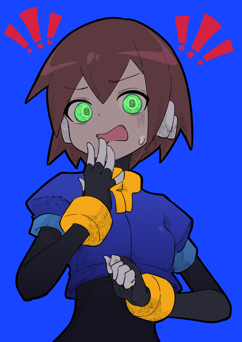 ! !! 1girl absurdres aile_(mega_man_zx) black_bodysuit blue_background bodysuit brown_hair buzzlyears cropped_jacket glowing glowing_eyes green_eyes highres mega_man_(series) mega_man_zx robot_ears short_hair simple_background solo surprised upper_body