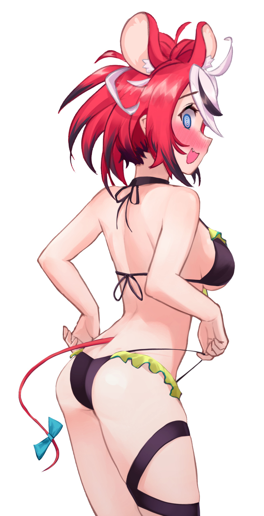 1girl @_@ alpha_transparency animal_ears ass back bikini black_bikini black_choker blue_eyes blush bow breasts choker colored_tips cowboy_shot embarrassed frilled_bikini frills from_side full-face_blush hakos_baelz halterneck highres hololive hololive_english looking_at_viewer medium_breasts mokuka_noe mouse_ears mouse_girl mouse_tail multicolored_hair nape open_mouth profile red_hair sideboob sideways_glance solo swimsuit tail tail_bow tail_ornament transparent_background underboob virtual_youtuber