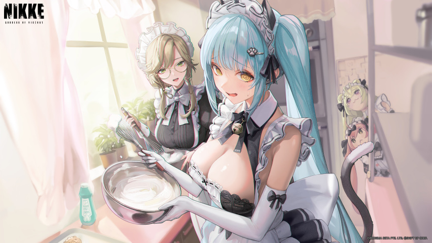 4girls @_@ absurdres ade_(nikke) animal_ear_fluff animal_ears apron aqua_hair black_dress black_ribbon bowl breasts cat_ears copyright_name curtains day dress elbow_gloves english_text frilled_apron frills glasses gloves goddess_of_victory:_nikke green_eyes hair_ornament hairclip highres holding holding_bowl holding_whisk indoors juliet_sleeves long_sleeves mixing_bowl multiple_girls official_art open_mouth parted_bangs privaty_(nikke) privaty_(unkind_maid)_(nikke) puffy_sleeves raised_eyebrows ribbon soda_(nikke) sunlight swept_bangs teeth twintails upper_teeth_only watermark whisk white_apron white_gloves window yellow_eyes