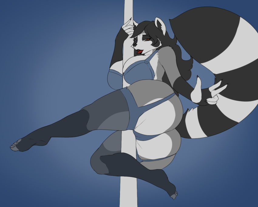big_breasts big_butt blackbetty breasts butt clothed clothing female feral franciene_(tango's_family) hair legwear lingerie looking_at_viewer mammal pole procyonid raccoon simple_background smile solo stockings stripper_pole tail thick_thighs