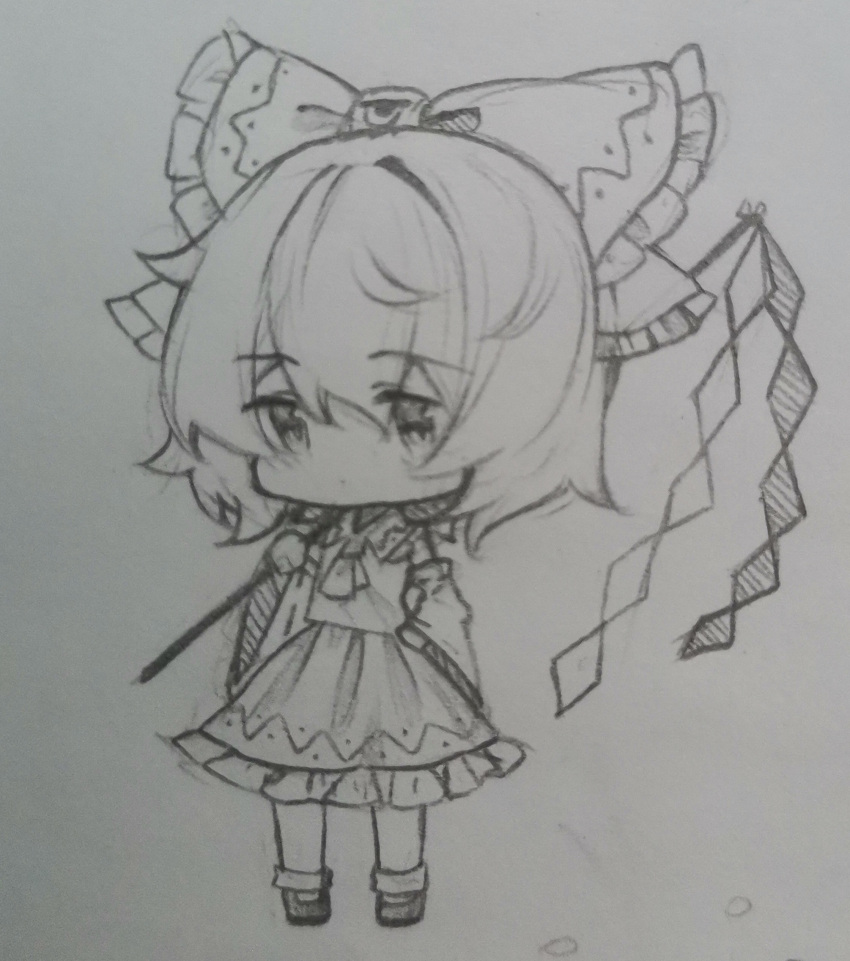 1other absurdres androgynous ascot chibi chinese_commentary collared_shirt commentary_request cosplay detached_sleeves enraku_tsubakura eye_of_senri frilled_ribbon frilled_skirt frills gohei graphite_(medium) greyscale hair_between_eyes hair_ribbon hakurei_reimu hakurei_reimu_(cosplay) hand_on_own_hip highres holding holding_gohei jian_xing_zao len'en monochrome other_focus ribbon shirt short_hair simple_background skirt solo traditional_media vest white_background