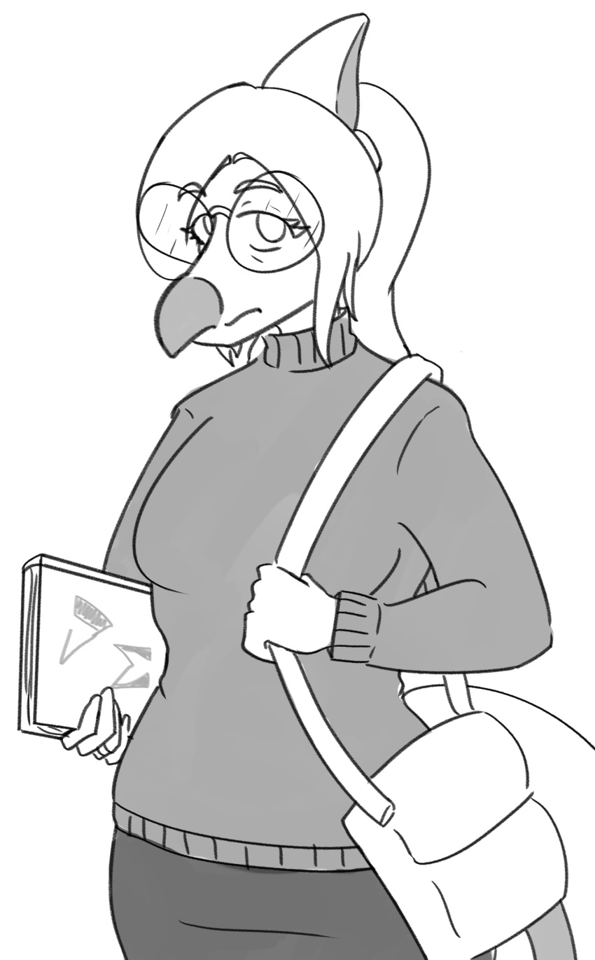 2024 absurd_res anthro black_and_white book clothing dinosaur eyelashes eyewear female glasses hadrosaurid hair handbag hi_res jacket_ignites long_hair long_tail looking_at_viewer monochrome ornithischian parasaurolophus ponytail reptile scalie sketch snoot_game snout solo sweater tail theresa_(snoot_game) topwear