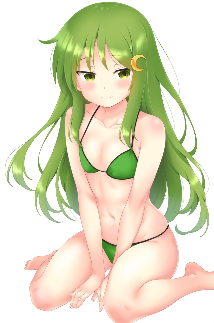 bare_shoulders between_legs bikini blush breasts collarbone crescent crescent_pin green_bikini green_eyes green_hair hair_ornament hand_between_legs highres kantai_collection light_smile looking_at_viewer nagatsuki_(kancolle) navel nendoroya simple_background sitting small_breasts spaghetti_strap swimsuit wariza white_background