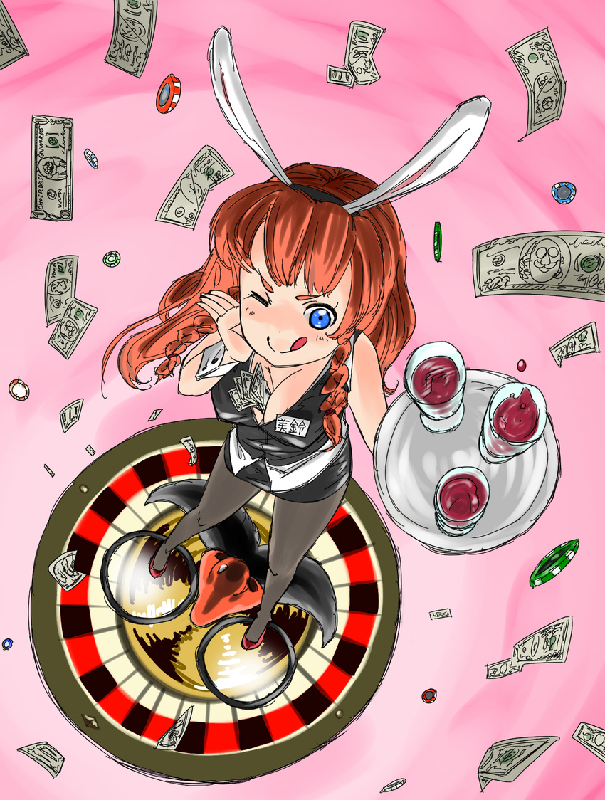 ;q animal_ears between_breasts blue_eyes braid breasts bunny_ears bunny_girl choir_(artist) cleavage downblouse drink from_above highres hong_meiling long_hair medium_breasts miniskirt money money_hold one_eye_closed pantyhose poker_chip red_hair roulette skirt solo tongue tongue_out touhou tray twin_braids wrist_cuffs