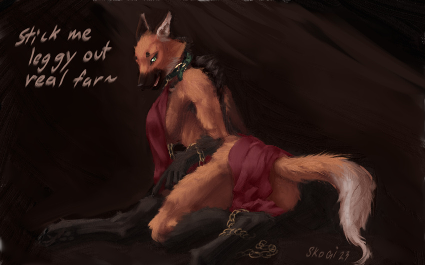 16:10 2023 4_toes 5_fingers anthro back_tuft big_breasts black_background black_body black_ears black_fur black_nose breasts butt canid canine canis chain chain_leash clothing collar countershade_face countershading curvy_figure digital_media_(artwork) digital_painting_(artwork) digitigrade dipstick_tail english_text feet female fingers fur gloves_(marking) gold_(metal) gold_chain green_collar green_eyes hi_res inner_ear_fluff leash leg_markings looking_at_viewer lying mammal maned_wolf markings on_side open_mouth presenting presenting_hindquarters red_body red_clothing red_fur side_boob signature simple_background skogi socks_(marking) solo tail tail_markings text toes tuft white_body white_fur white_tail_tip widescreen