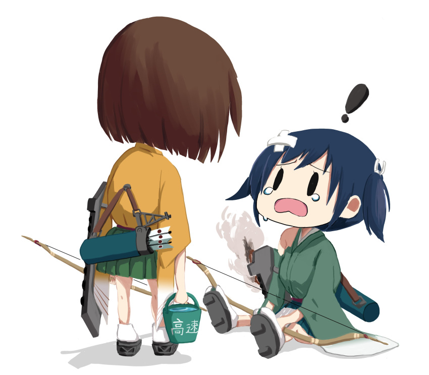 ! 2girls absurdres arrow_(projectile) bandaid bandaid_on_head blue_hair bow_(weapon) brown_hair bucket chibi crossed_bandaids crying geta green_kimono hakama hakama_skirt highres hiryuu_(kancolle) holding holding_bow_(weapon) holding_weapon japanese_clothes kantai_collection kimono kitagawa_(ktgw_116) kneepits multiple_girls open_mouth orange_kimono quiver rigging short_hair simple_background sitting skirt smoke souryuu_(kancolle) standing tears twintails weapon white_background wide_sleeves