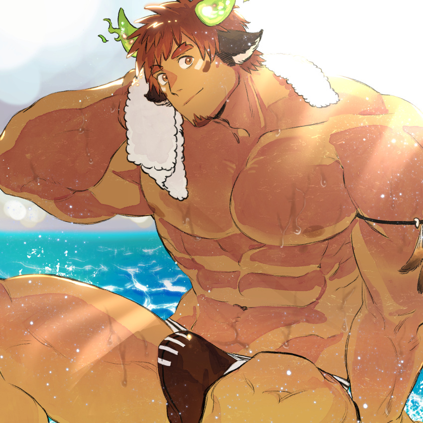 1boy abs animal_ears bara blackcatlandr brown_eyes brown_hair brown_male_swimwear bulge chinese_commentary commentary_request cow_boy cow_ears cow_horns dark-skinned_male dark_skin eye_black facial_hair fiery_horns forked_eyebrows glowing_horns goatee highres horns large_pectorals looking_at_viewer male_focus male_swimwear muscular muscular_male navel nipples pectorals rugby_underwear short_hair smile solo spiked_hair swim_briefs thick_eyebrows thick_thighs thighs tokyo_afterschool_summoners topless_male towel towel_around_neck wakan_tanka wakan_tanka_(fashionista_swimsuit) water