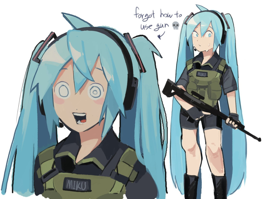 1girl alternate_costume aqua_eyes aqua_hair assault_rifle black_footwear black_shirt black_shorts boots cheolsae english_text green_vest gun hatsune_miku highres holding holding_gun holding_weapon load_bearing_vest long_hair multiple_views open_mouth rifle shirt shorts simple_background skull_emoji standing sweat twintails very_long_hair vest vocaloid weapon white_background