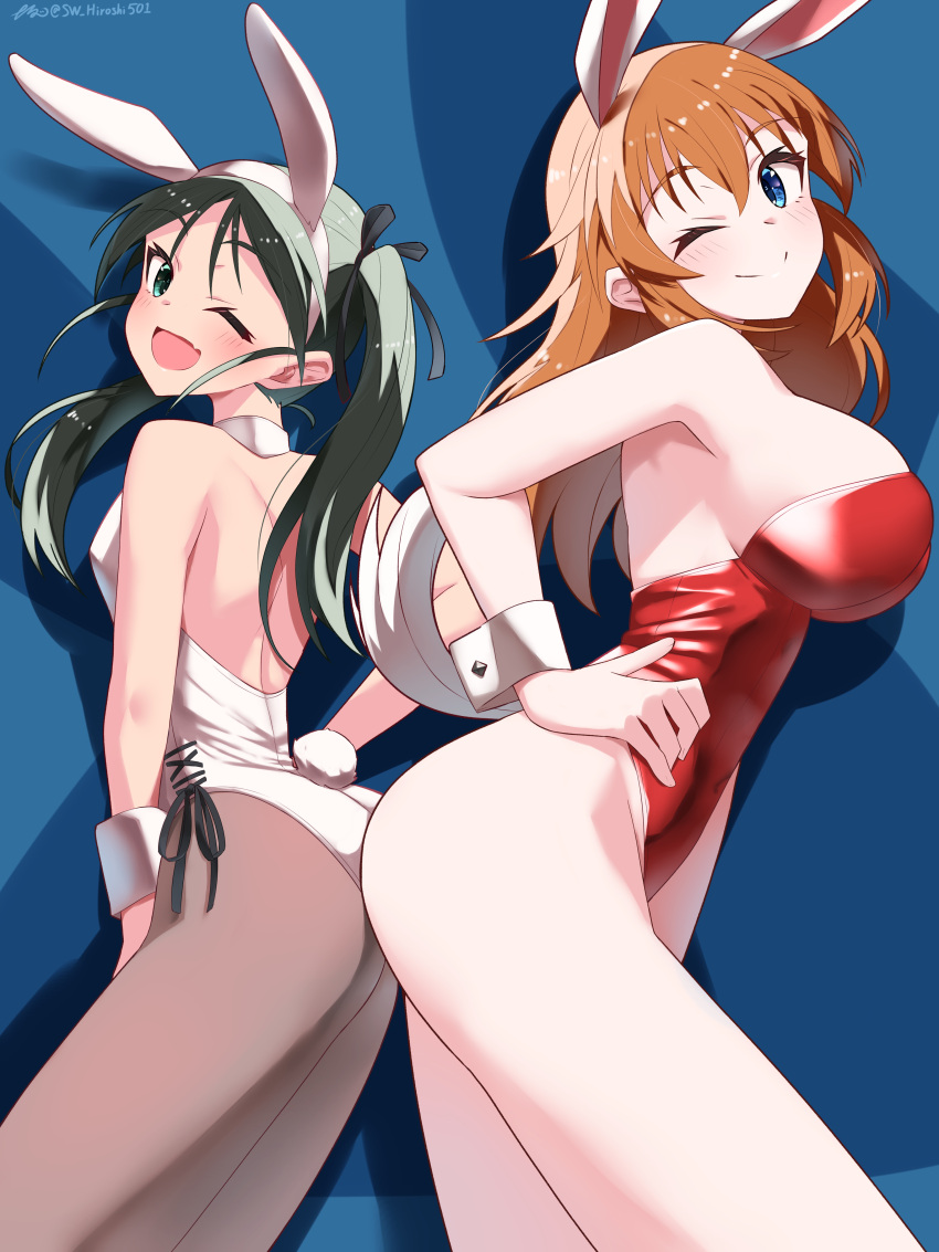 2girls absurdres animal_ears back-to-back black_hair blue_eyes breasts charlotte_e._yeager detached_collar dog_tail francesca_lucchini from_behind green_eyes hand_on_own_hip highres hiroshi_(hunter-of-kct) large_breasts leotard light_brown_hair long_hair multiple_girls one_eye_closed pantyhose playboy_bunny rabbit_ears rabbit_tail red_leotard smile strike_witches tail twintails white_leotard world_witches_series wrist_cuffs