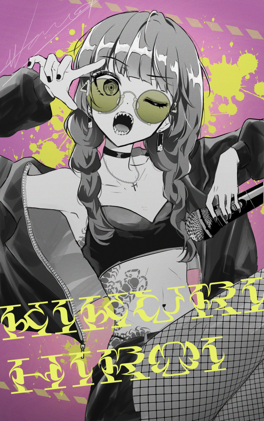 1girl absurdres armpits bocchi_the_rock! braid character_name choker commentary cowboy_shot crop_top cross cross_necklace dangle_earrings denim denim_shorts earrings fishnet_pantyhose fishnets glasses green-tinted_eyewear greyscale greyscale_with_colored_background hair_over_shoulder hand_up highres hiroi_kikuri holding holding_microphone jacket jewelry limited_palette long_hair long_sleeves microphone midriff monochrome nail_polish navel necklace one_eye_closed open_clothes open_jacket open_mouth paint_splatter pantyhose ringed_eyes round_eyewear sharp_teeth shorts signature sitting solo spot_color stomach_tattoo tattoo teeth tinted_eyewear twin_braids wano_(azayakam) yellow-tinted_eyewear