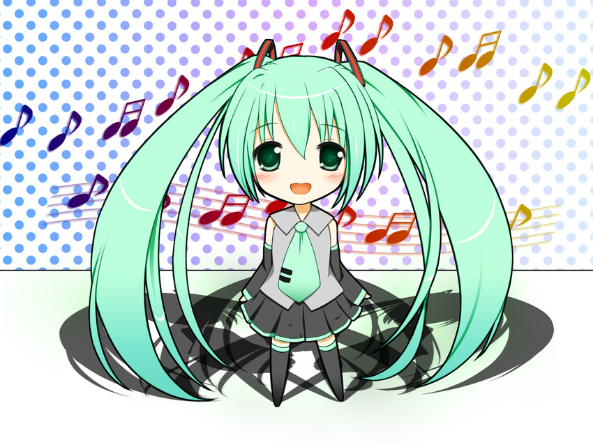 aqua_eyes aqua_hair blush chibi hatsune_miku thigh-highs tie twintails vocaloid