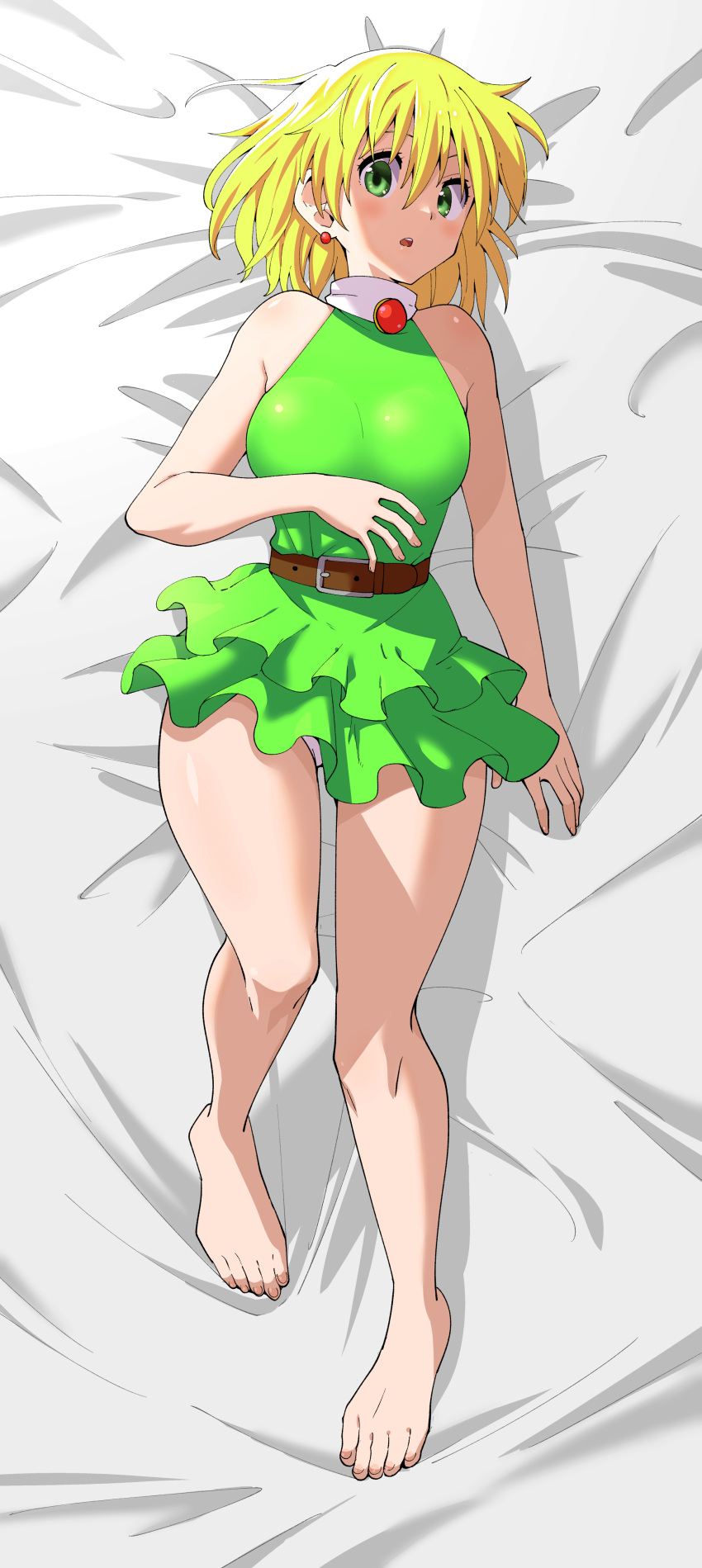 1girl absurdres bare_legs bare_shoulders bed_sheet belt blonde_hair blush breasts brown_belt character_request copyright_request dress earrings eyelashes feet frilled_dress frills from_above full_body green_dress green_eyes highres jewelry large_breasts legs looking_at_viewer lying medium_hair on_back open_mouth shadow short_dress sleeveless sleeveless_dress solo thighs toenails toes toku_sonchou