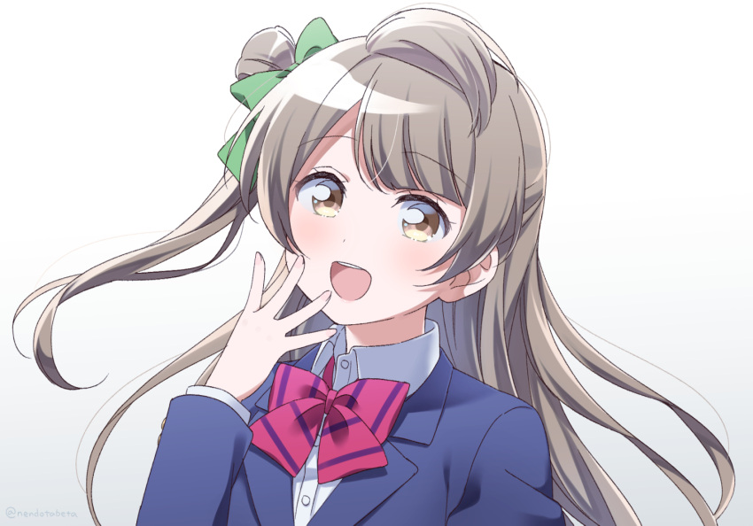 1girl blue_jacket bow bowtie brown_eyes collared_shirt commentary commentary_request grey_hair jacket long_hair long_sleeves looking_at_viewer love_live! love_live!_school_idol_project minami_kotori one_side_up open_mouth otonokizaka_school_uniform red_bow red_bowtie school_uniform shirt sidelocks solo striped_bow striped_bowtie striped_clothes surufuji swept_bangs teeth upper_body upper_teeth_only white_background white_shirt winter_uniform