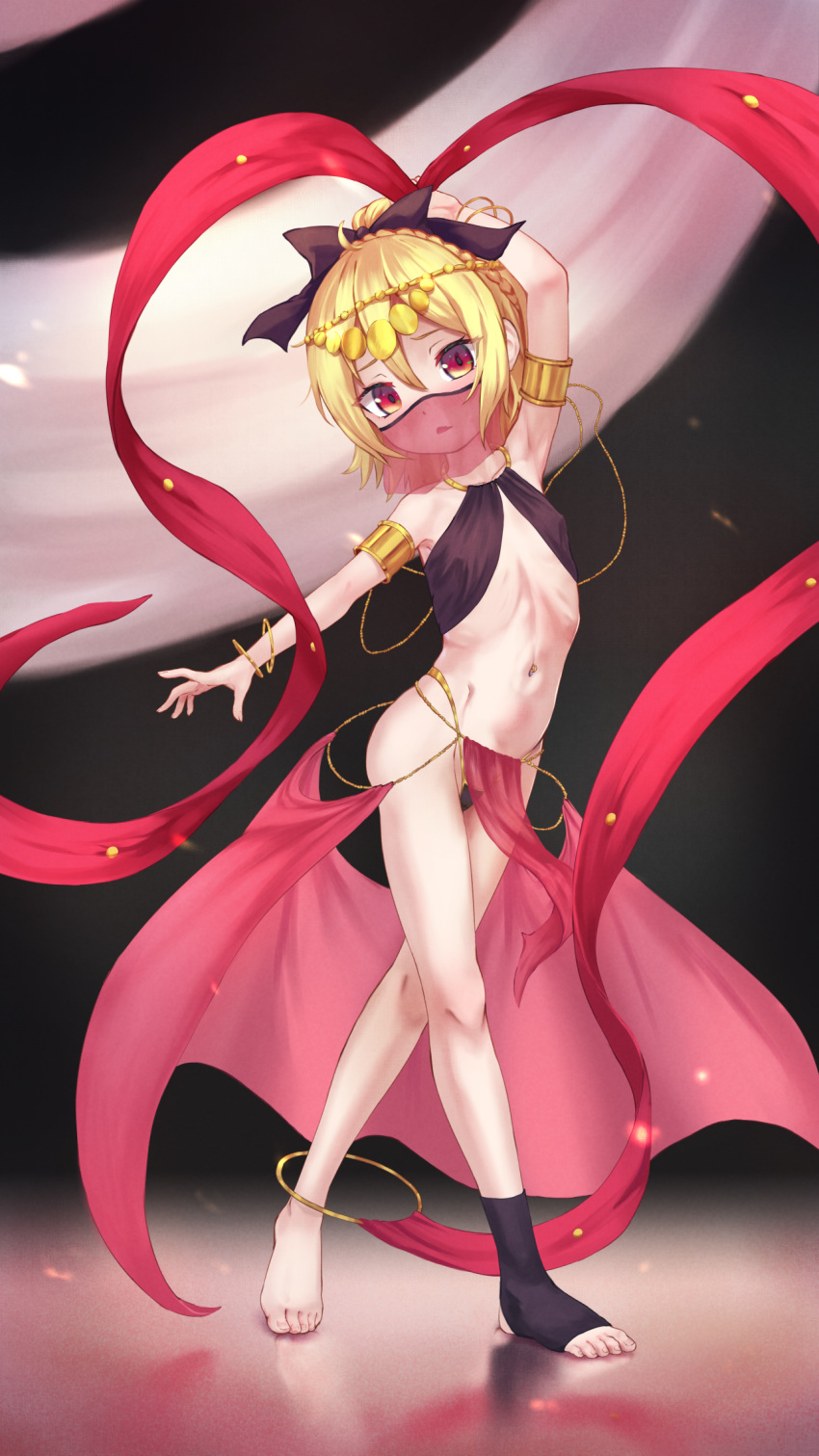 1girl alternate_costume armlet armpits black_panties blonde_hair dancer dancing felt_(re:zero) flat_chest full_body hair_between_eyes highres jewelry medium_hair mouth_veil navel navel_piercing nzz orange_eyes panties pelvic_curtain piercing re:zero_kara_hajimeru_isekai_seikatsu single_barefoot solo stirrup_legwear toeless_legwear underwear veil