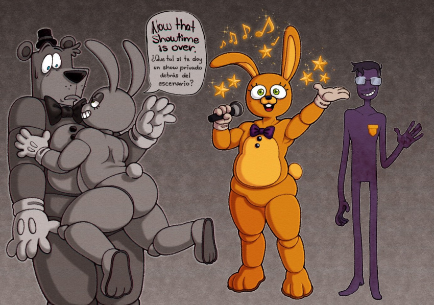 2024 3_toes 4_fingers 5_fingers animatronic anthro bear biped black_hair bodily_fluids bow_tie buckteeth butt button_(fastener) clothing dialogue duo electronics english_text eyelashes eyewear facial_hair feet fingers five_nights_at_freddy's freddy_(fnaf) glasses gloves green_eyes grey_background grin hair handwear hat head_tuft headgear headwear human lagomorph leporid long_ears machine male mammal microphone monobutt multiple_images musical_note mustache nanocorpx orange_body purple_body rabbit robot scottgames scut_tail short_tail simple_background smile soles spanish_text speech_bubble spring_bonnie_(fnaf) star sweat sweatdrop tail teeth teeth_showing text thick_thighs toes top_hat tuft white_clothing white_gloves white_handwear william_afton_(fnaf) yellow_inner_ear