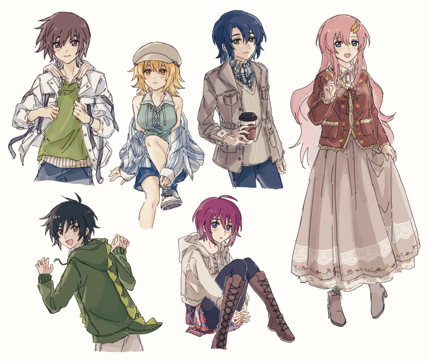 3boys 3girls absurdres athrun_zala beret black_hair blonde_hair blue_eyes blue_hair boots breasts brother_and_sister brown_hair brown_jacket cagalli_yula_athha casual cup cyaninefinch denim disposable_cup dress green_eyes green_jacket gundam gundam_seed gundam_seed_destiny gundam_seed_freedom hair_ornament hat highres holding holding_cup hood hoodie jacket jeans kira_yamato lacus_clyne long_hair looking_at_viewer lunamaria_hawke medium_breasts multiple_boys multiple_girls pants pantyhose pink_hair purple_eyes purple_hair red_eyes red_sweater shinn_asuka short_hair short_shorts shorts siblings sleeveless sweater white_jacket yellow_eyes