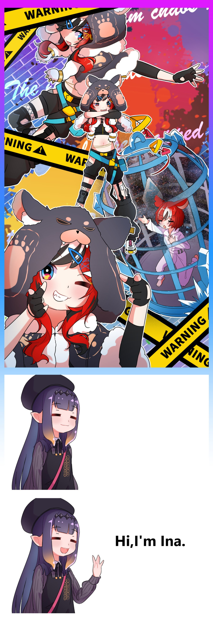 =_= absurdres animal_ears beret black_hair blue_eyes crop_top crossed_arms dezhsieh dress dress_shirt english_text fingerless_gloves gloves grin hair_ornament hairclip hakos_baelz hat highres hololive hololive_english hood jacket long_hair looking_at_viewer mouse_ears multicolored_hair navel ninomae_ina'nis one_eye_closed open_mouth orange_hair pinafore_dress pointing pointing_at_viewer pointy_ears purple_hair red_hair sharp_teeth shirt sleeveless sleeveless_dress smile strap streaked_hair teeth virtual_youtuber white_hair