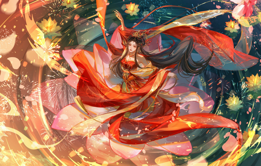 1girl absurdres arm_up artist_request bare_shoulders black_hair cai_lin_(doupo_cangqiong) chinese_new_year closed_mouth doupo_cangqiong dress floating_hair flower from_above hair_ornament highres long_hair long_sleeves lotus red_dress red_eyes reflection ripples second-party_source solo