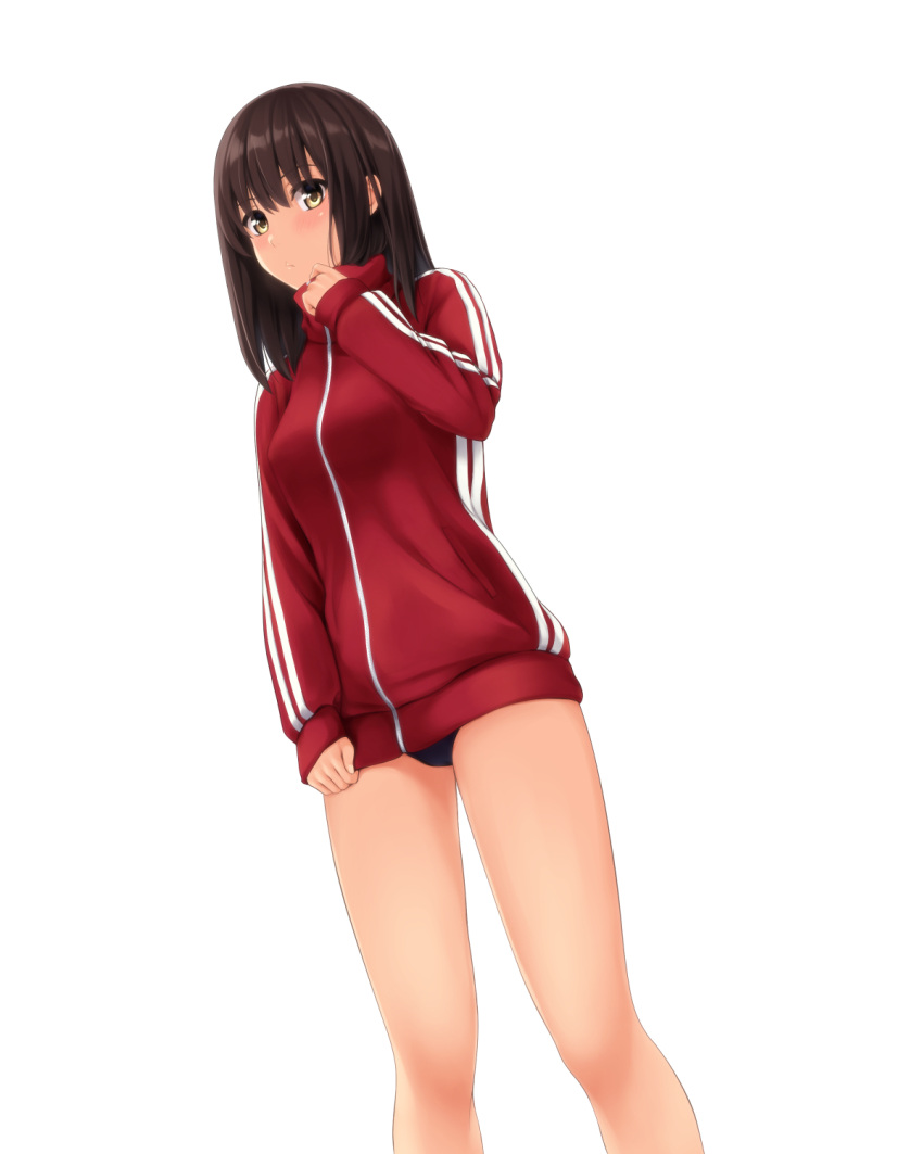 1girl bare_legs black_buruma blush breasts brown_hair buruma closed_mouth commentary_request feet_out_of_frame hand_up highres jacket legs long_hair long_sleeves nonaka_ritsu original puffy_long_sleeves puffy_sleeves red_jacket simple_background sleeves_past_wrists small_breasts solo standing track_jacket white_background yellow_eyes