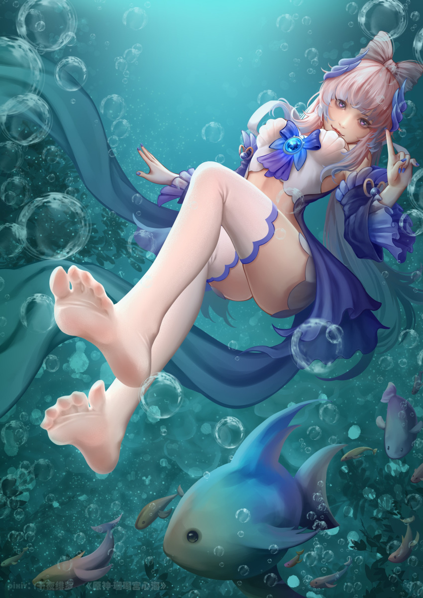 1girl absurdres air_bubble aqua_background artist_name blue_bow blue_horns blue_nails bow bow-shaped_hair breasts bubble closed_mouth detached_sleeves feet fish frilled_sleeves frills genshin_impact gradient_hair grey_hair hair_ornament highres horns legs long_hair long_sleeves medium_breasts multicolored_hair nail_polish no_shoes pink_hair purple_eyes sangonomiya_kokomi senyahiro sidelocks soles solo thighhighs thighs toes underwater white_thighhighs wide_sleeves