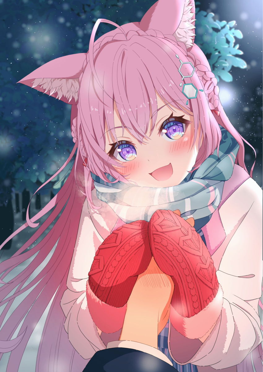 1girl absurdres alternate_costume animal_ear_fluff animal_ears blue_scarf blush braid breath coat commentary_request crown_braid gloves hakui_koyori hands_up hexagon_hair_ornament highres hololive long_hair long_sleeves mimo_(mimo_illust) night open_mouth outdoors pink_hair pov pov_hands purple_eyes red_gloves scarf sidelocks smile snowing solo_focus upper_body very_long_hair virtual_youtuber white_coat winter_clothes wolf_ears wolf_girl