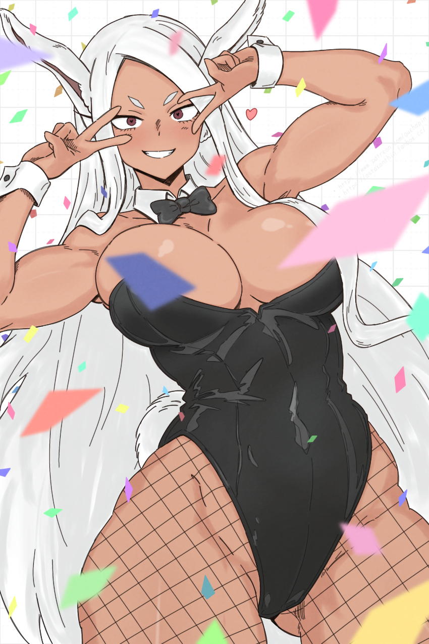 1girl animal_ears ass_visible_through_thighs bare_shoulders black_bow black_bowtie black_leotard boku_no_hero_academia bow bowtie breasts cleavage confetti covered_abs covered_navel dark-skinned_female dark_skin detached_collar double_v grid_background guchapin highleg highleg_leotard highres large_breasts leotard long_eyelashes long_hair looking_at_viewer mirko parted_bangs playboy_bunny rabbit_ears rabbit_girl red_eyes smile solo thick_thighs thigh_gap thighs toned v v_over_eye very_long_hair white_hair wrist_cuffs