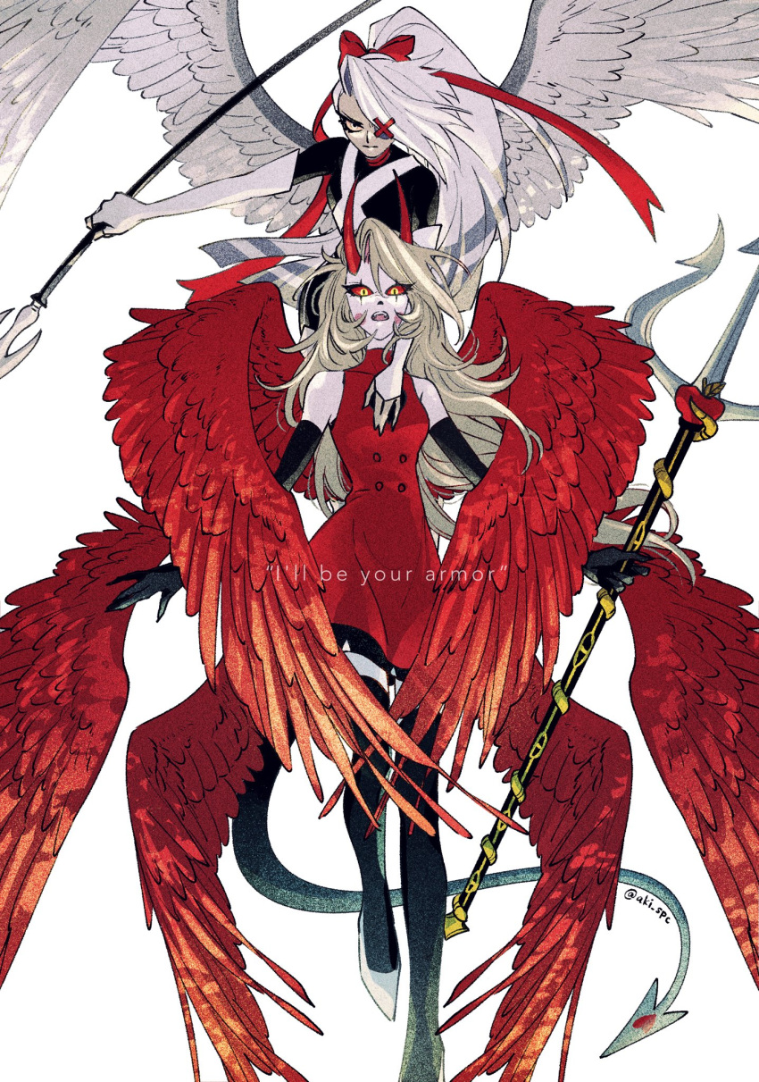 2girls aki_(supekutooru) angel angel_wings blonde_hair bow charlie_morningstar circle_facial_mark colored_sclera colored_skin demon_girl demon_horns demon_tail demon_wings dress elbow_gloves english_text feathered_wings gloves grey_hair grey_skin hair_bow hazbin_hotel highres holding holding_polearm holding_trident holding_weapon horns long_hair looking_at_viewer multiple_girls multiple_wings pink_sclera polearm red_bow red_dress red_sclera serious simple_background spear tail thighhighs trident vaggie very_long_hair weapon white_skin wings yellow_eyes
