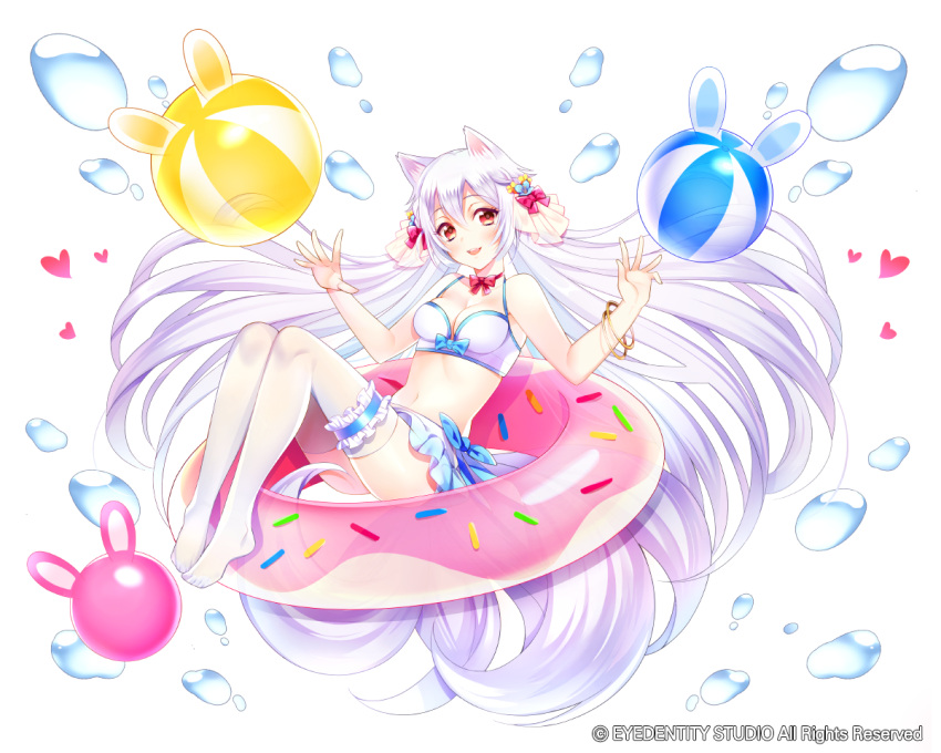 1girl animal_ears ball beachball bow breasts copyright_notice fox_ears fox_girl fox_tail hair_bow heart kai-ri-sei_million_arthur kotepen_2nd long_hair million_arthur_(series) multiple_tails navel official_art pink_bow red_eyes simple_background solo swim_ring swimsuit tail thighhighs very_long_hair white_background white_hair white_thighhighs